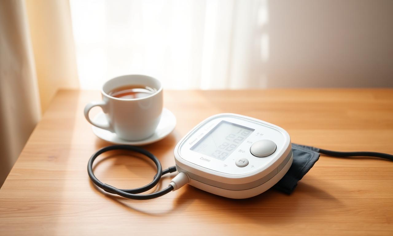 Home blood pressure monitor with a cup of herbal tea, morning wellness routine