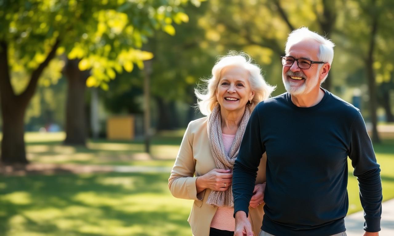 Happy older couple walking outdoors — supporting healthy blood pressure with Bazopril