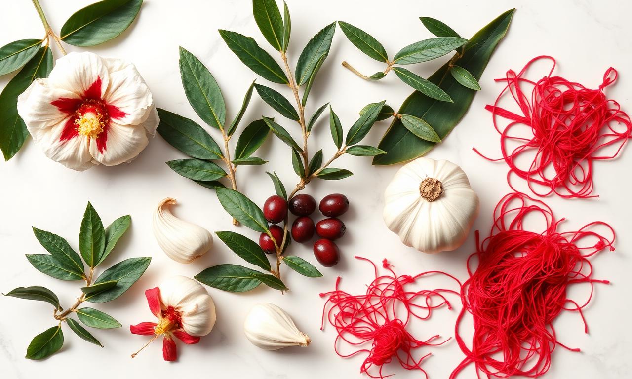 Natural ingredients used in Bazopril: hibiscus, garlic, olive leaves, hawthorn berries and saffron